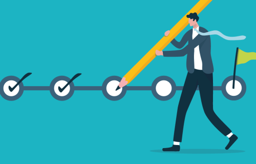 person walking and making check marks on a line leading towards a green flag